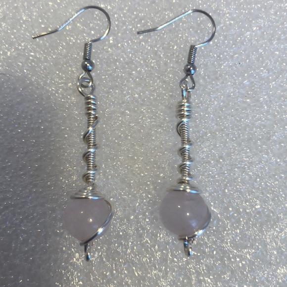 Rose quartz dangle wire wrap earrings handmade 2” - Picture 5 of 6